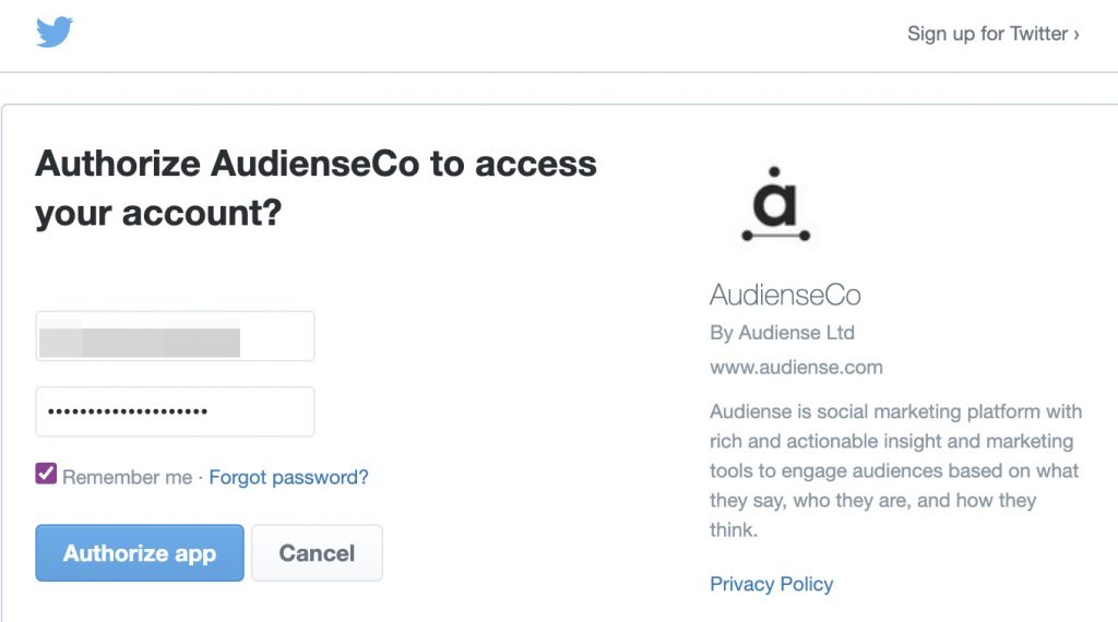 Audiense Connect - Twitter authorization