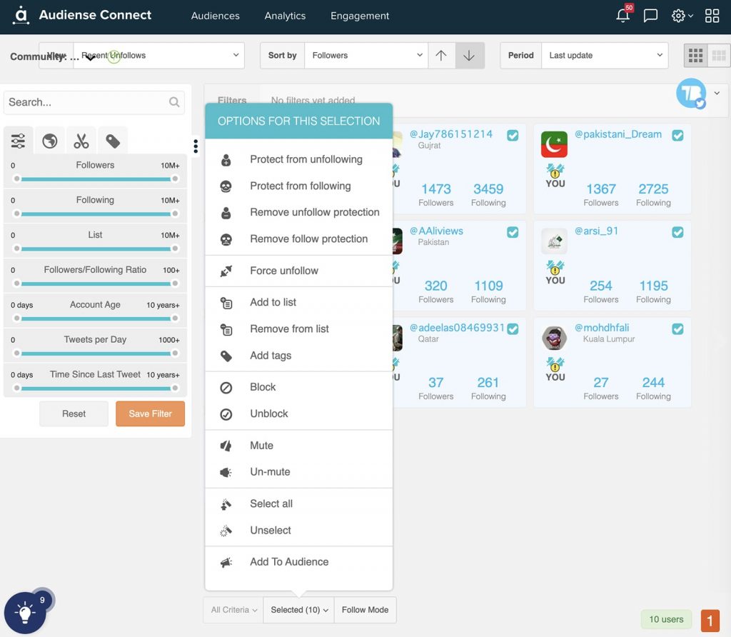 Audiense Connect - add unfollowers to audience