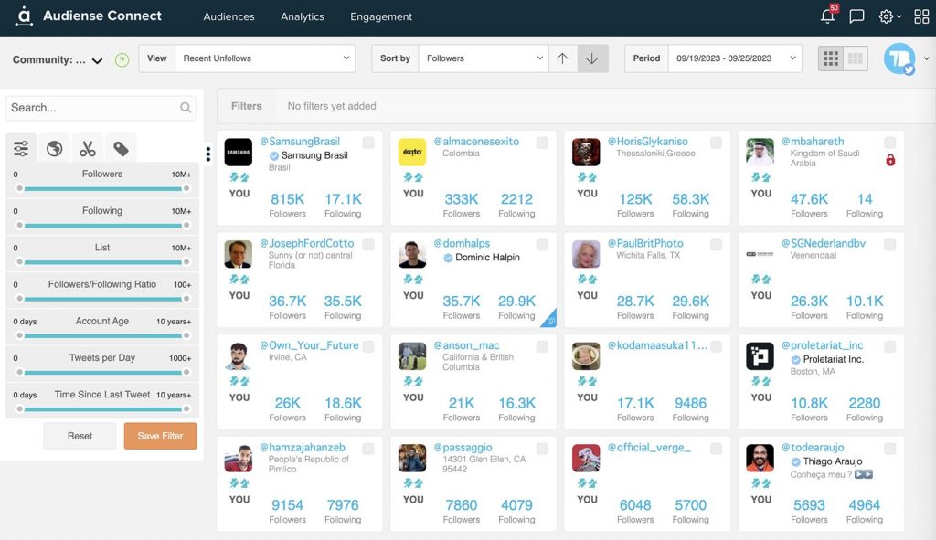 Audiense Connect - recent Twitter unfollowers list
