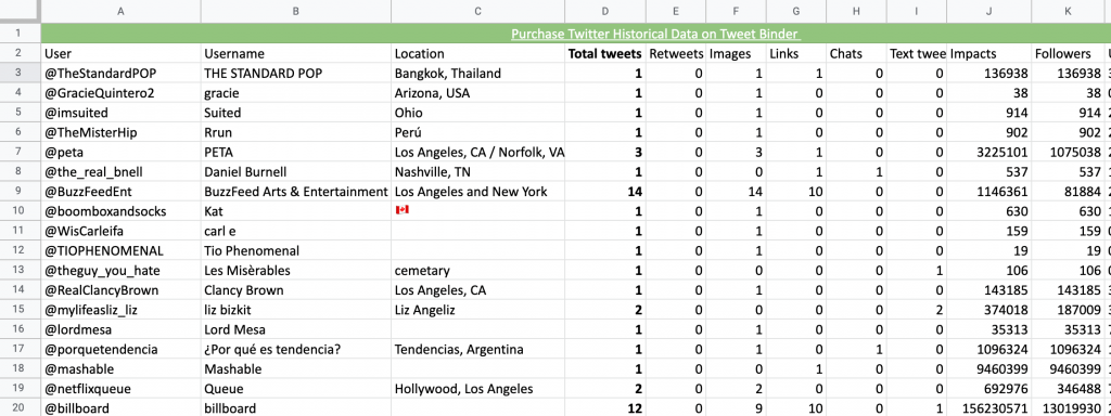 Tweet Binder XLS data