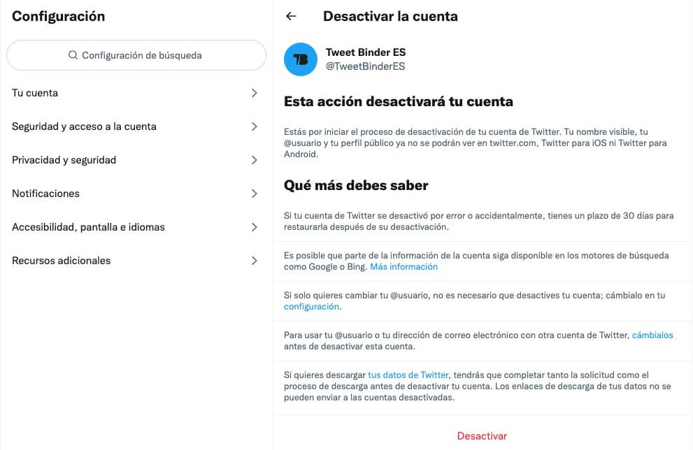 desactivar cuenta de Twitter