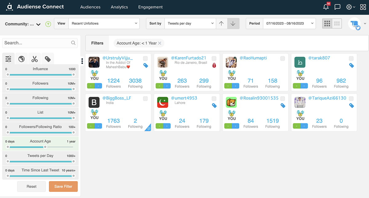 Audiense Connect - Twitter follower audit - account age filter