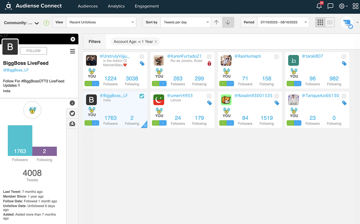 Audiense Connect - Twitter follower audit - account age filter - single profile