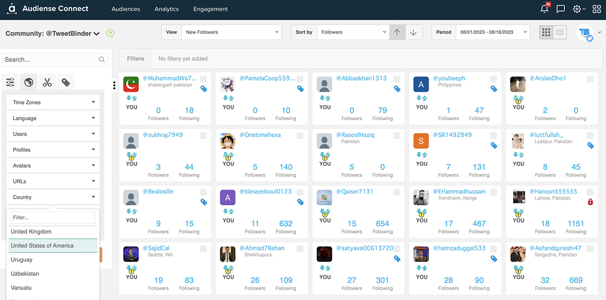 Audiense Connect - Twitter follower audit - country filter