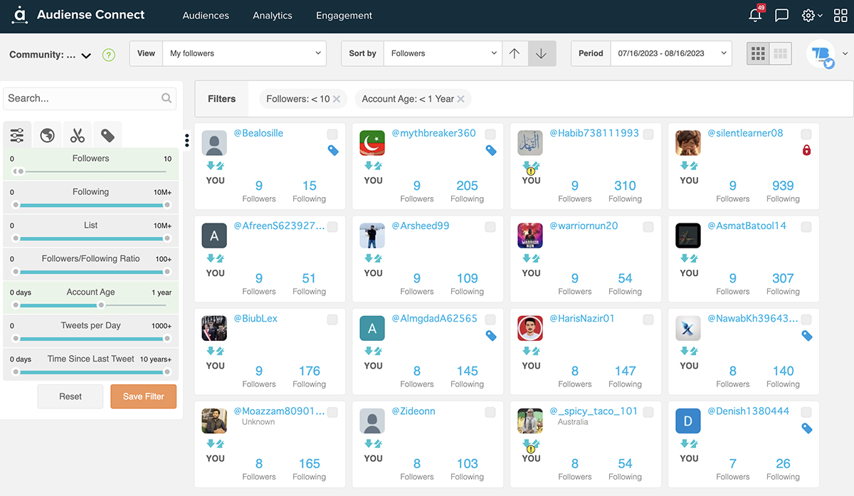 Audiense Connect - Twitter follower audit - follower count filter