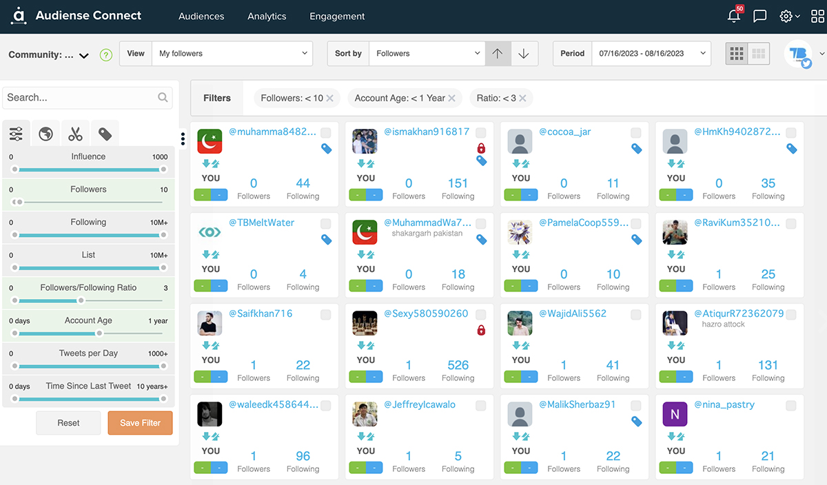 Audiense Connect - Twitter follower audit - follower to following ratio filter