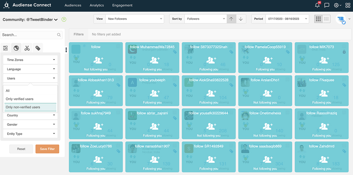 Audiense Connect - Twitter follower audit - non-verified user filter