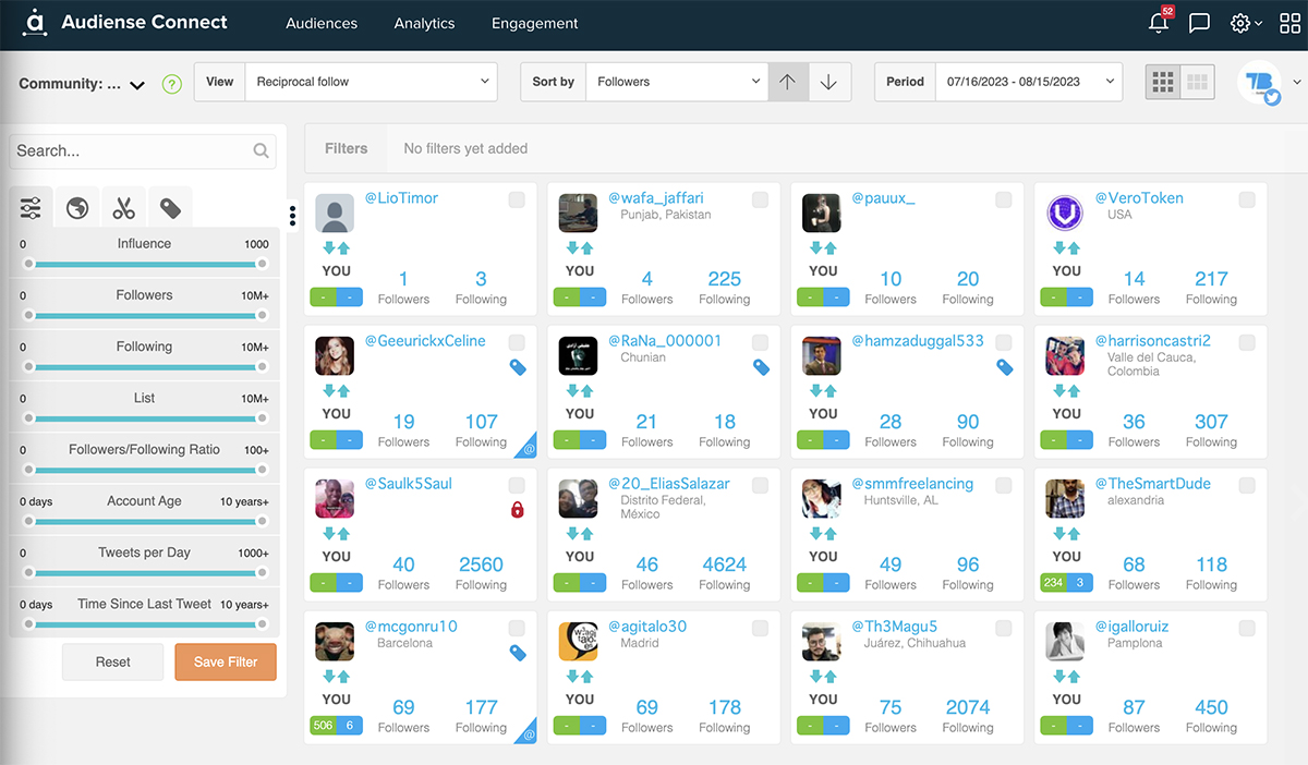 Audiense Connect - Twitter follower audit - reciprocal follows dashboard