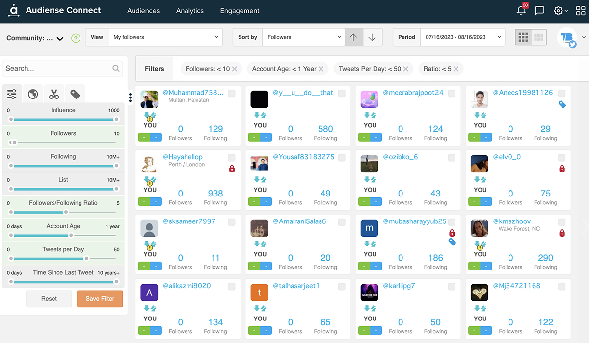 Audiense Connect - Twitter follower audit - tweets per day filter