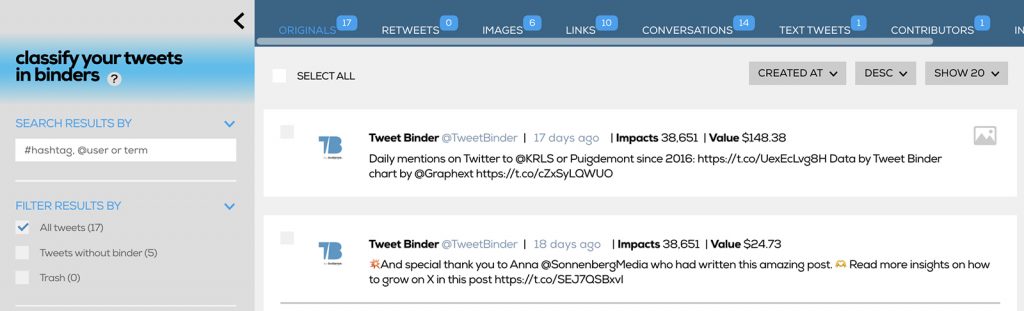 Tweet Binder - tweets dashboard