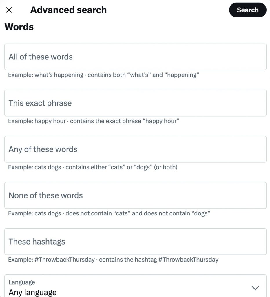 Twitter - advanced search settings for words