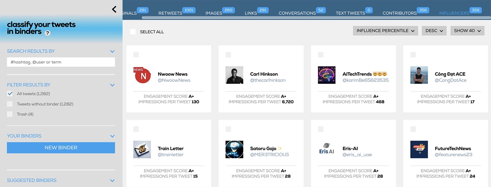 Tweet Binder - influencer dashboard