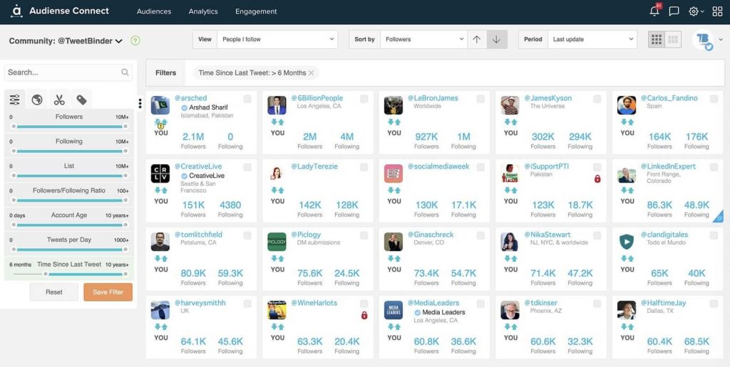 Audiense Connect dashboard - unfollow masivo twitter