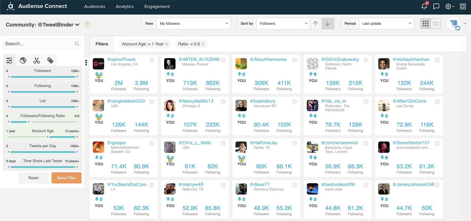Audiense Connect - filter Twitter followers based on Twitter follower ratio