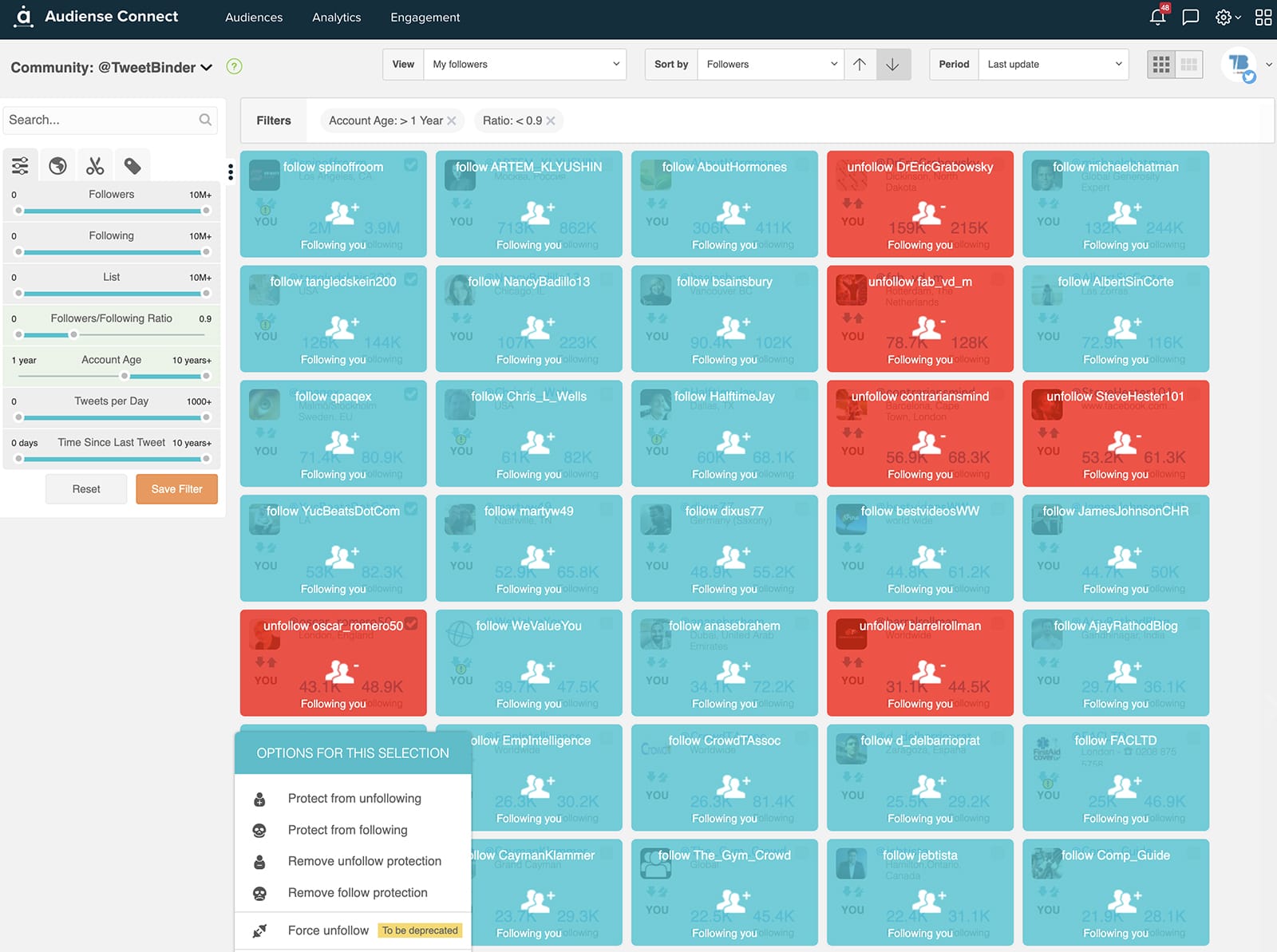 Audiense Connect - filter Twitter followers based on Twitter follower ratio
